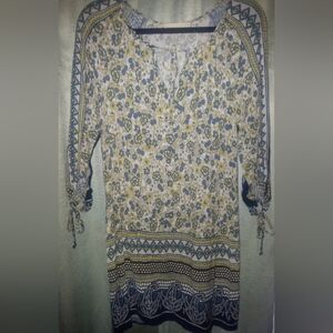 Boho Floral Patterned Tunic with Blue and Yellow Accents